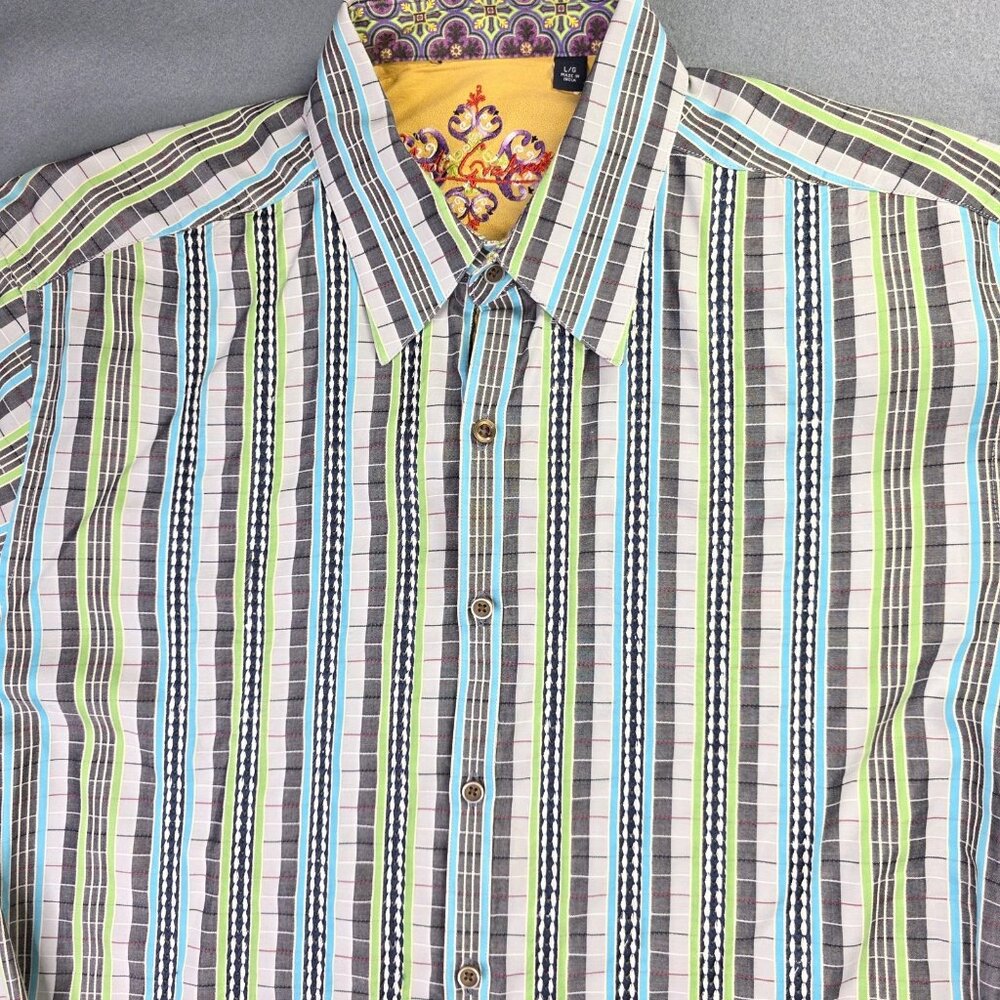 Robert Graham Shirt Mens Large Blue Gray Stripe Long Sleeve Office Hipster Boho